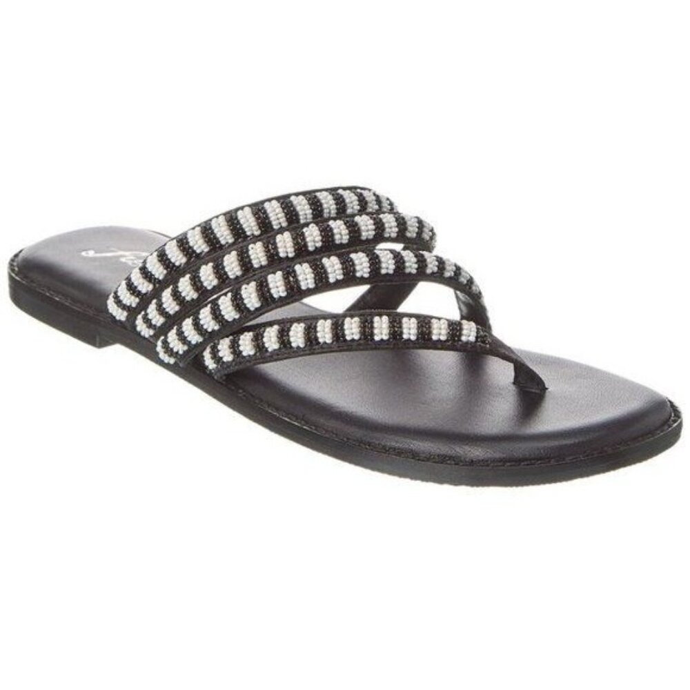Free People Beatrice Black White Beaded Leather Flat Sandals Women‎ EUR 39 US 9